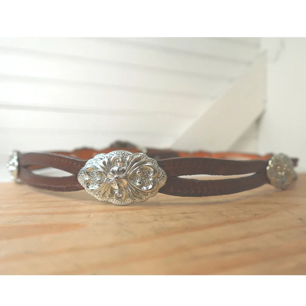 Women's Nocona Concho Belt Size 34 M/L Brown Leather Silver Tone Charms & Buckle